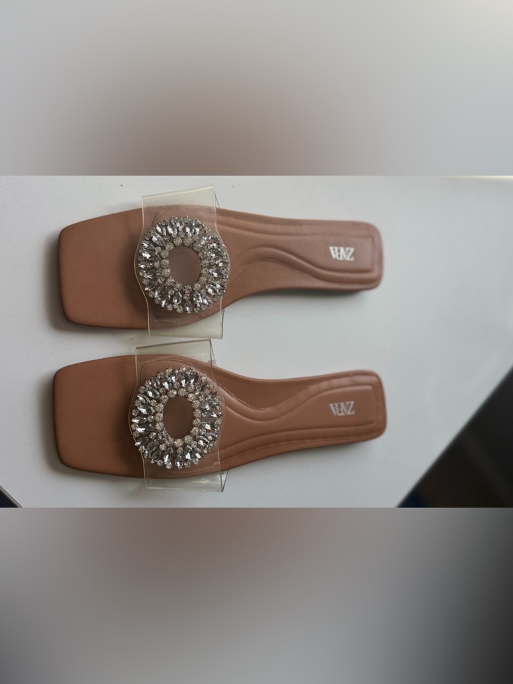 Zara Brown Slide Sandals with Crystal Circle Accent